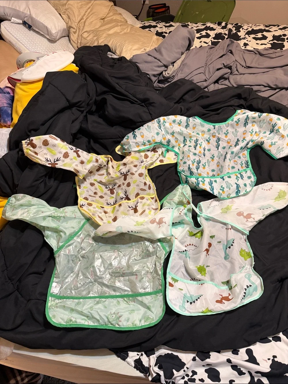 Long-Sleeve Waterproof Kids Bibs - Green Trim, Dino & Animal Prints